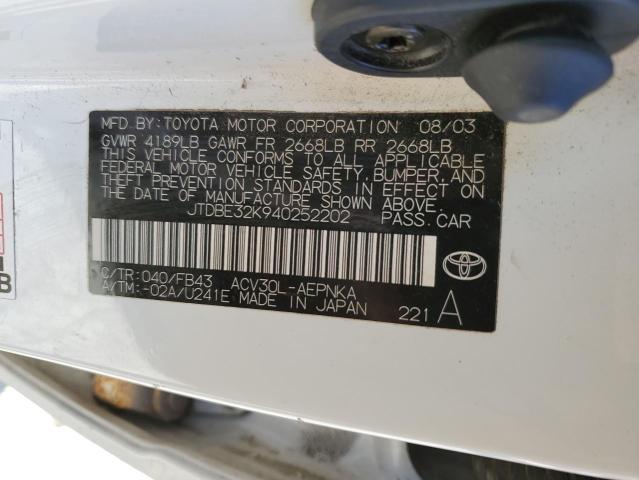 JTDBE32K940252202 - 2004 TOYOTA CAMRY LE Ağ foto 12