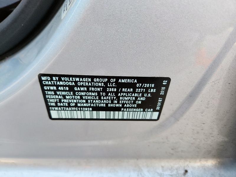 1VWAT7A37FC112926 - 2015 VOLKSWAGEN PASSAT S 银色 照片 12