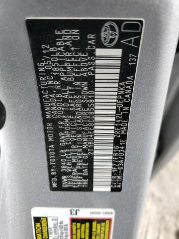 2T1BU4EE8CC855810 - 2012 TOYOTA COROLLA BASE SILVER photo 12