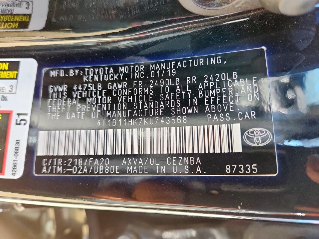 4T1B11HK7KU743568 - 2019 TOYOTA CAMRY L 黑色 照片 13