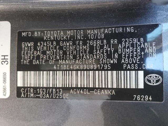 4T1BE46K89U891795 - 2009 TOYOTA CAMRY BASE GRAY photo 12
