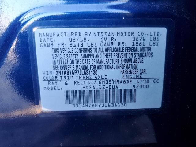 3N1AB7AP7JL631130 - 2018 NISSAN SENTRA S 蓝色 照片 13