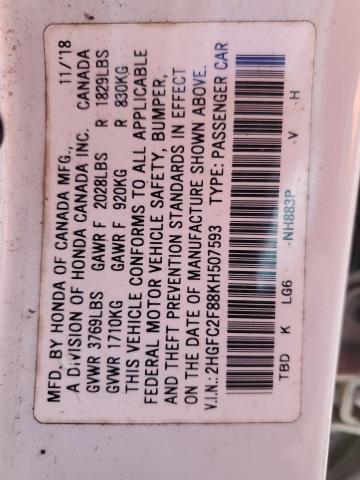 2HGFC2F88KH507593 - 2019 HONDA CIVIC SPORT WHITE photo 13