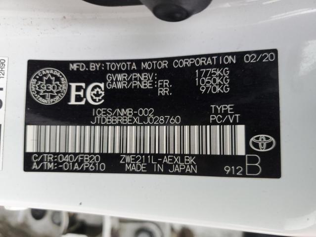 JTDBBRBEXLJ028760 - 2020 TOYOTA COROLLA LE 白色 照片 12