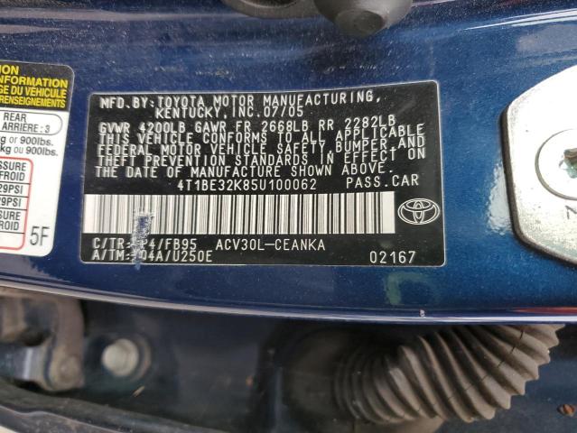 4T1BE32K85U100062 - 2005 TOYOTA CAMRY LE BLUE photo 12