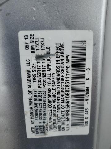 5FNRL5H61DB078511 - 2013 HONDA ODYSSEY EXL ვერცხლისფერი ფოტო 13