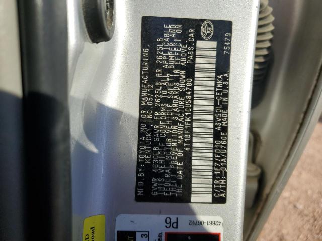 4T1BF1FK1CU584780 - 2012 TOYOTA CAMRY BASE 银色 照片 12