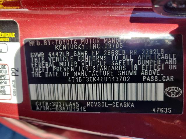 4T1BF30K46U113702 - 2006 TOYOTA CAMRY LE BURGUNDY photo 12