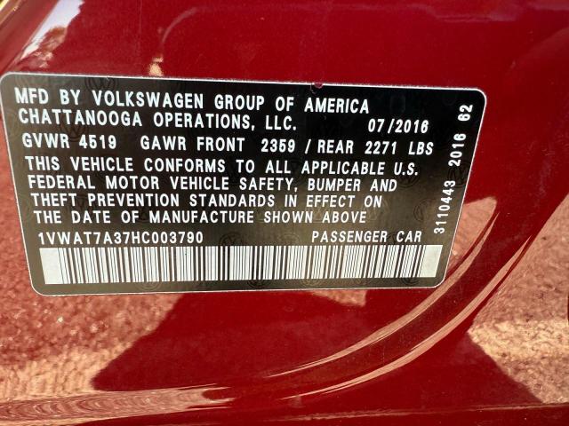 1VWAT7A37HC003790 - 2017 VOLKSWAGEN PASSAT S წითელი ფოტო 10