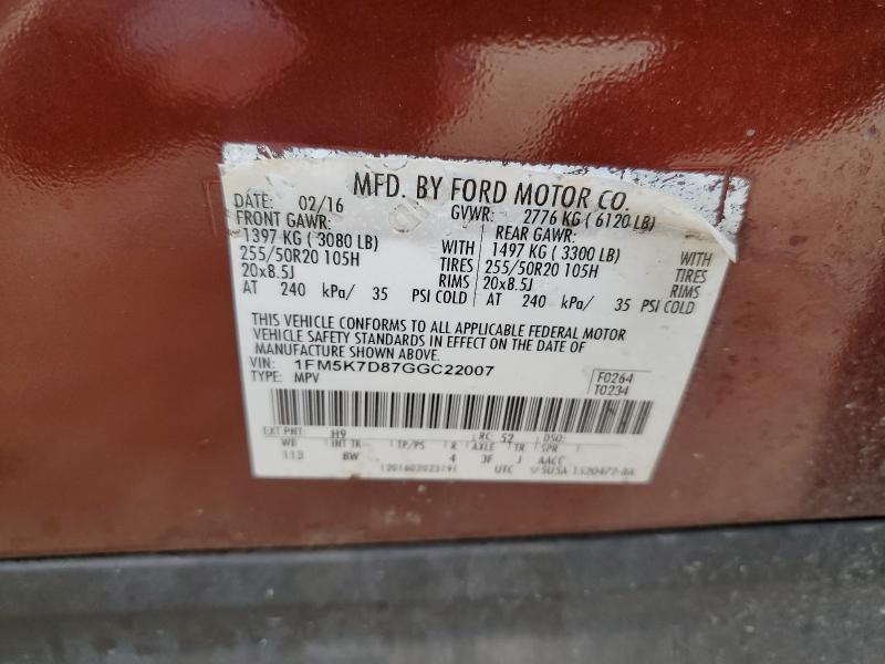 1FM5K7D87GGC22007 - 2016 FORD EXPLORER XLT BURGUNDY photo 12