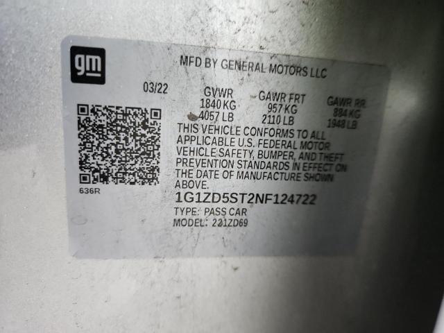 1G1ZD5ST2NF124722 - 2022 CHEVROLET MALIBU LT SILVER photo 12