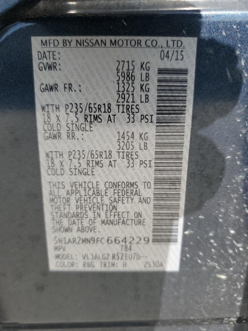 5N1AR2MN9FC664229 - 2015 NISSAN PATHFINDER S Mavi foto 13