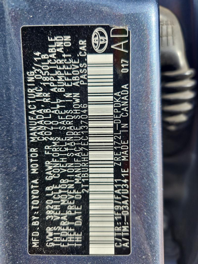 2T1BURHE7EC137046 - 2014 TOYOTA COROLLA L GRAY photo 13