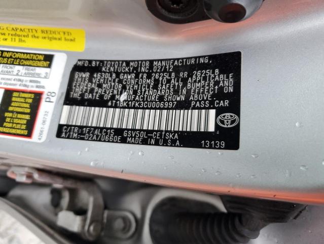4T1BK1FK3CU006997 - 2012 TOYOTA CAMRY SE SILVER photo 12