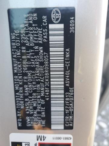 4T4BF3EK0BR098057 - 2011 TOYOTA CAMRY BASE 银色 照片 12