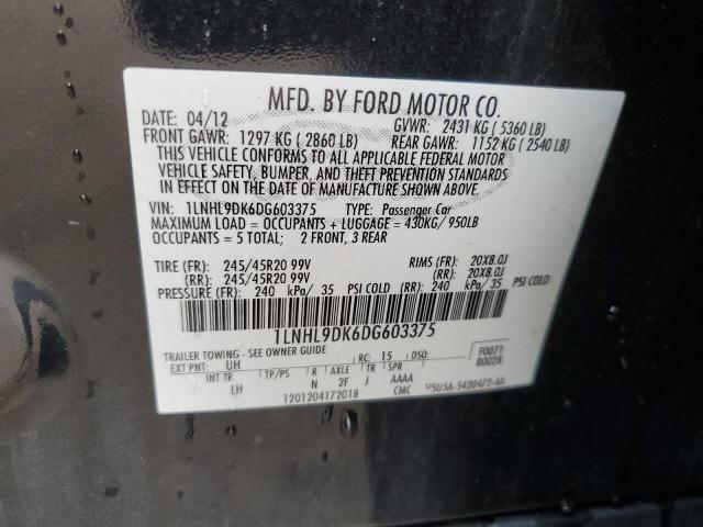 1LNHL9DK6DG603375 - 2013 LINCOLN MKS შავი ფოტო 12