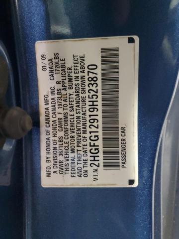2HGFG12919H523870 - 2009 HONDA CIVIC EXL BLUE photo 12