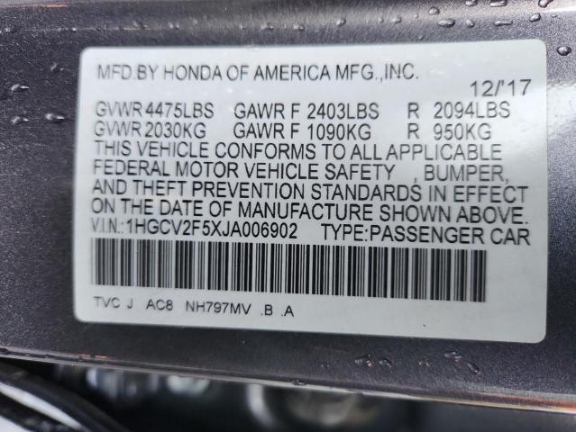 1HGCV2F5XJA006902 - 2018 HONDA ACCORD EXL Серый фото 12