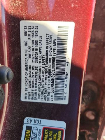 5J6RM4H39CL060986 - 2012 HONDA CR-V LX MAROON photo 13