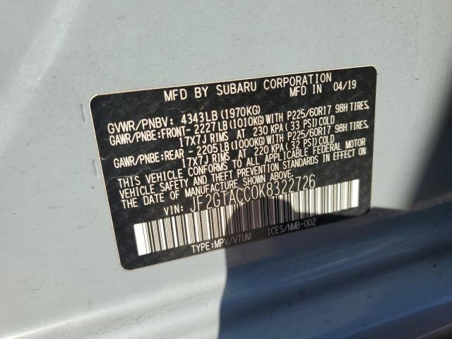 JF2GTACC0K8322726 - 2019 SUBARU CROSSTREK PREMIUM Կապույտ լուսանկար 12