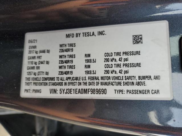 5YJ3E1EA0MF989690 - 2021 TESLA MODEL 3 CHARCOAL photo 12
