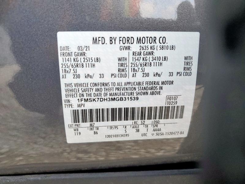 1FMSK7DH3MGB31539 - 2021 FORD EXPLORER XLT GRAY photo 14