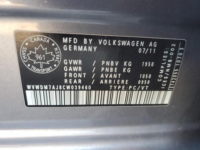 WVWDM7AJ8CW039460 - 2012 VOLKSWAGEN GOLF GRAY photo 12