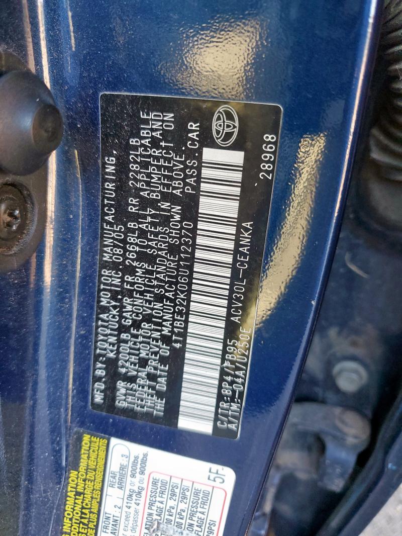4T1BE32K06U112370 - 2006 TOYOTA CAMRY LE BLUE photo 12