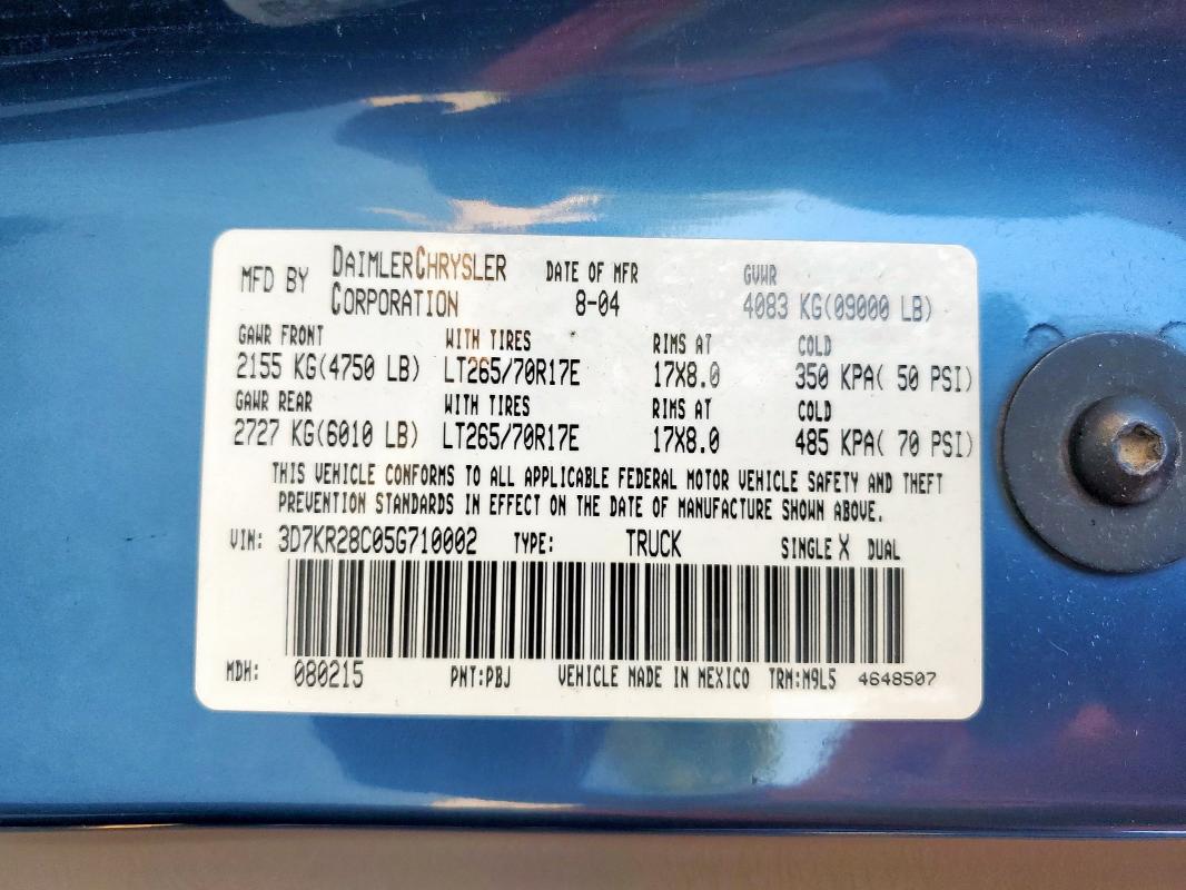 3D7KR28C05G710002 - 2005 DODGE RAM 2500 ST BLUE photo 12