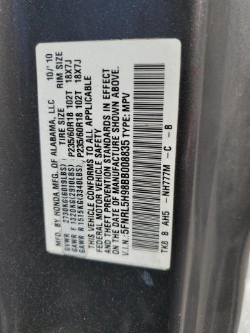 5FNRL5H98BB008835 - 2011 HONDA ODYSSEY TOURING GRAY photo 13