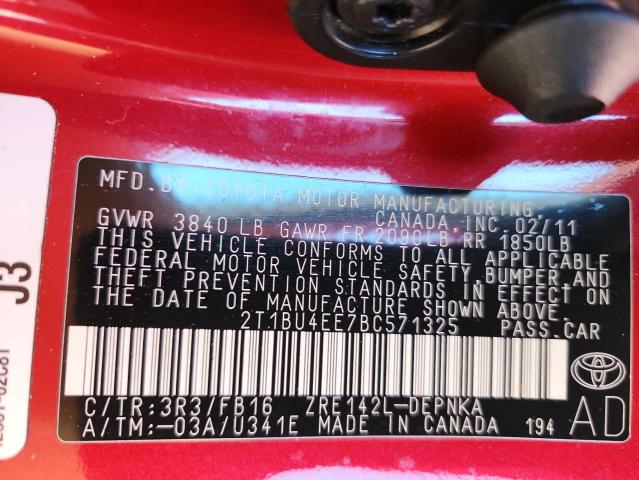 2T1BU4EE7BC571325 - 2011 TOYOTA COROLLA BASE أحمر صورة 12