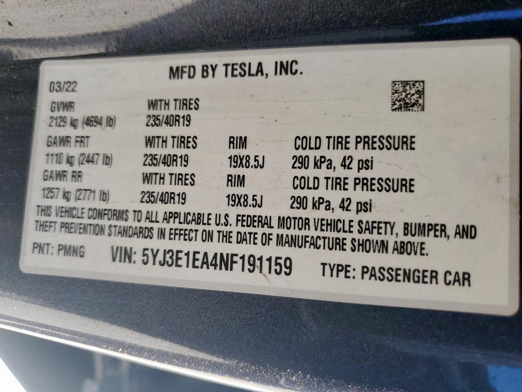 5YJ3E1EA4NF191159 - 2022 TESLA MODEL 3 Մոխրագույն լուսանկար 13