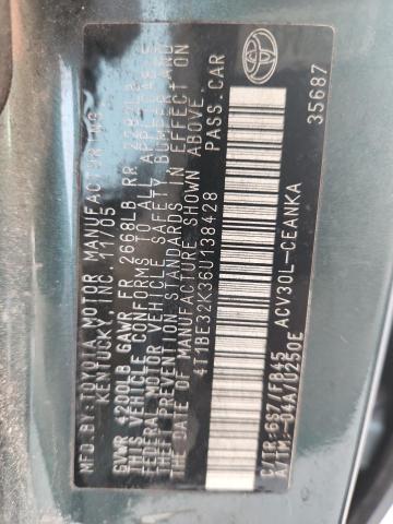 4T1BE32K36U138428 - 2006 TOYOTA CAMRY LE მწვანე ფოტო 12