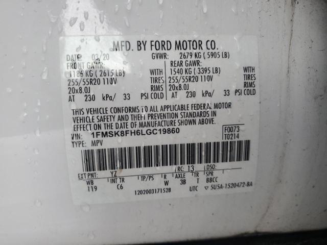 1FMSK8FH6LGC19860 - 2020 FORD EXPLORER LIMITED WHITE photo 13