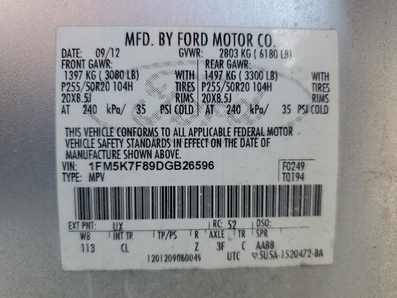 1FM5K7F89DGB26596 - 2013 FORD EXPLORER LIMITED SILVER photo 13
