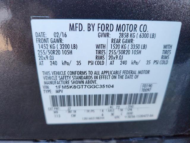 1FM5K8GT7GGC35104 - 2016 FORD EXPLORER SPORT ნაცრისფერი ფოტო 14