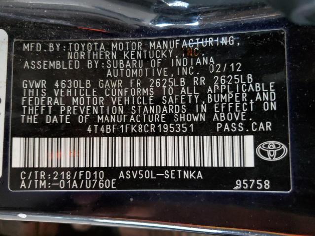 4T4BF1FK8CR195351 - 2012 TOYOTA CAMRY BASE BLACK photo 12