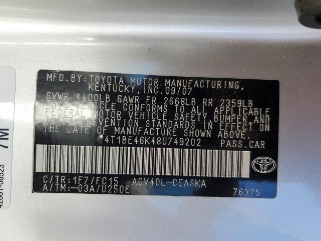 4T1BE46K48U749202 - 2008 TOYOTA CAMRY CE Gümüş foto 12