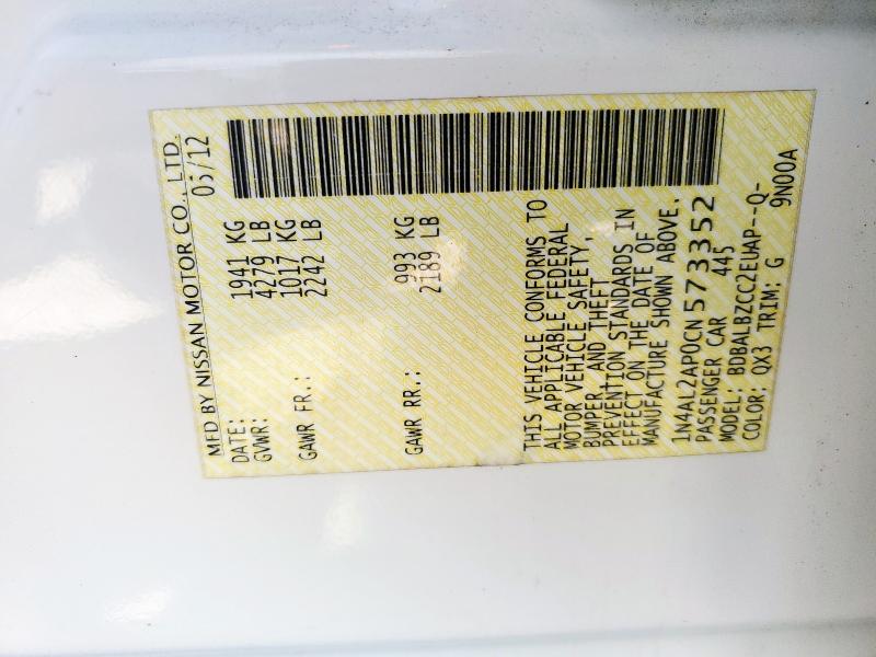 1N4AL2AP0CN573352 - 2012 NISSAN ALTIMA BASE 白色 照片 12