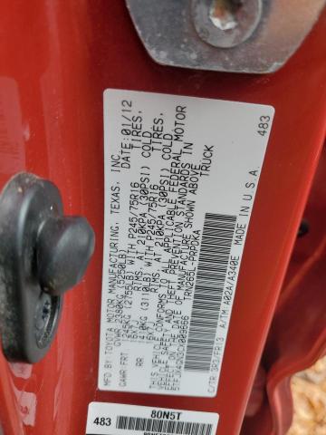 5TFJX4GN3CX009666 - 2012 TOYOTA TACOMA DOUBLE CAB RED photo 12