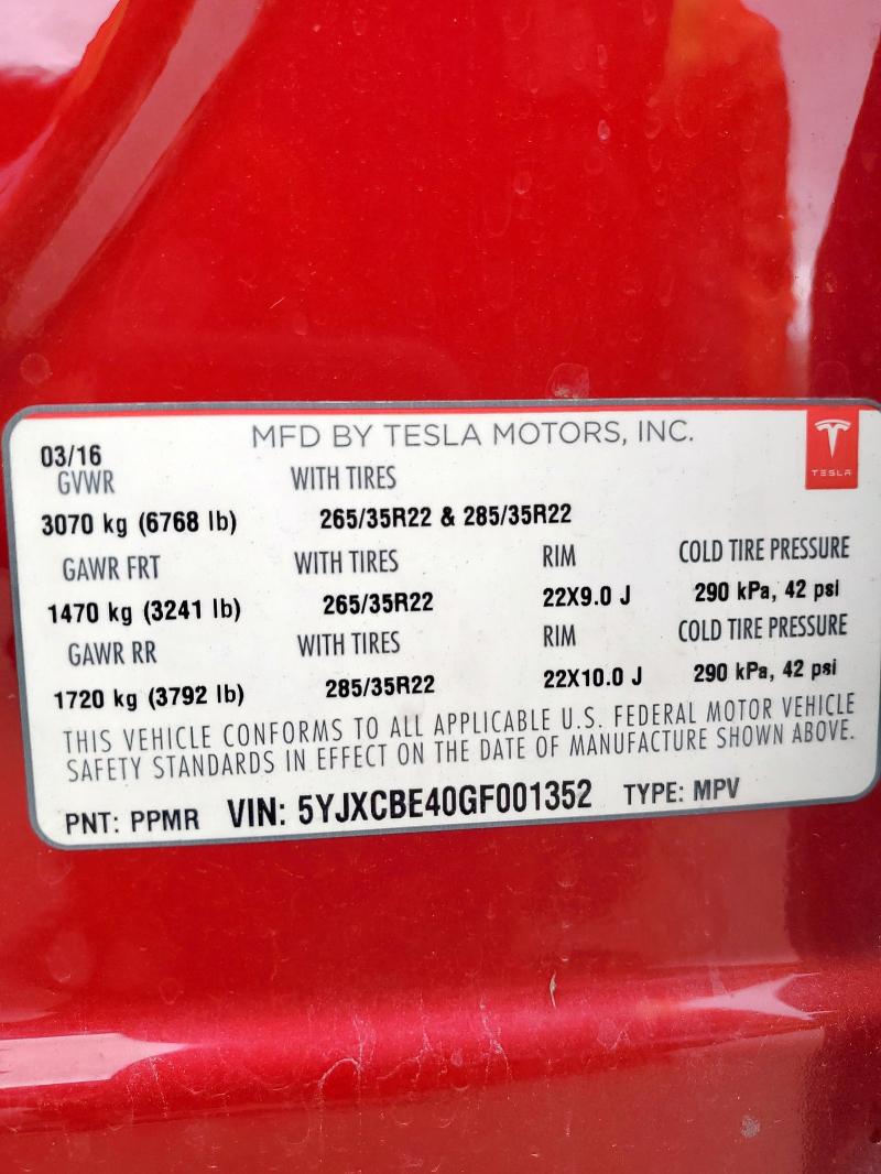 5YJXCBE40GF001352 - 2016 TESLA MODEL X RED photo 12