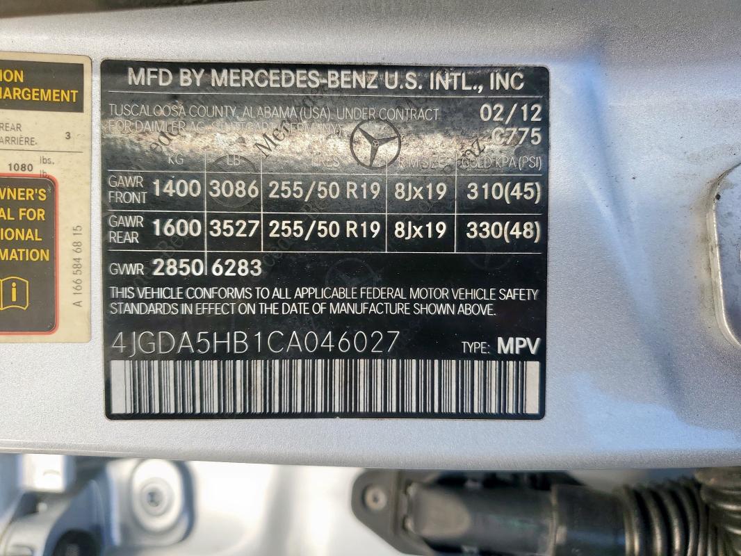 4JGDA5HB1CA046027 - 2012 MERCEDES-BENZ ML 350 4MATIC SILVER photo 13