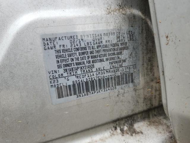 3N1AB7AP1KY314528 - 2019 NISSAN SENTRA S 银色 照片 12