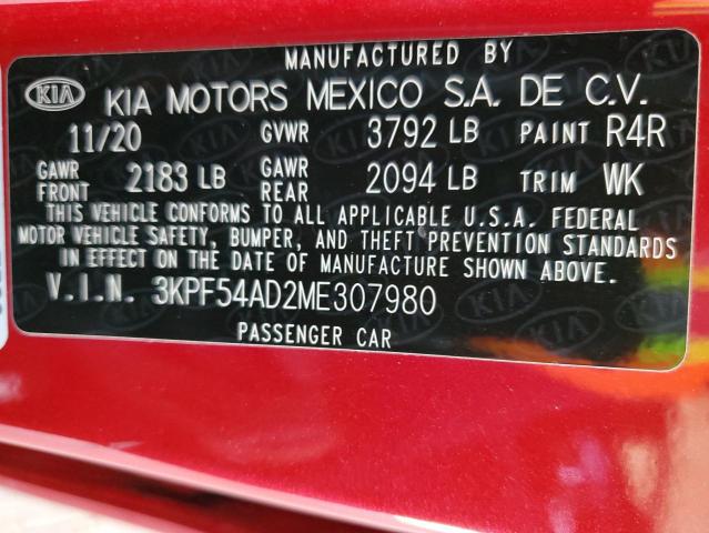 3KPF54AD2ME307980 - 2021 KIA FORTE EX RED photo 12