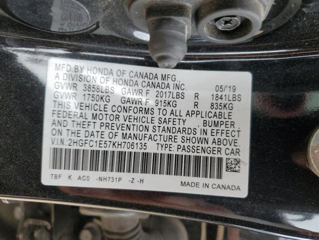 2HGFC1E57KH706135 - 2019 HONDA CIVIC SI BLACK photo 12