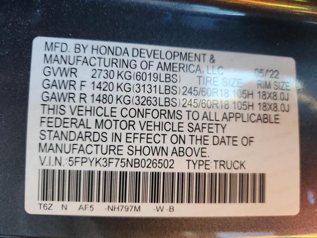 5FPYK3F75NB026502 - 2022 HONDA RIDGELINE RTL GRAY photo 12
