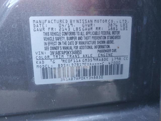 3N1AB7AP0KY348850 - 2019 NISSAN SENTRA S رمادي صورة 12