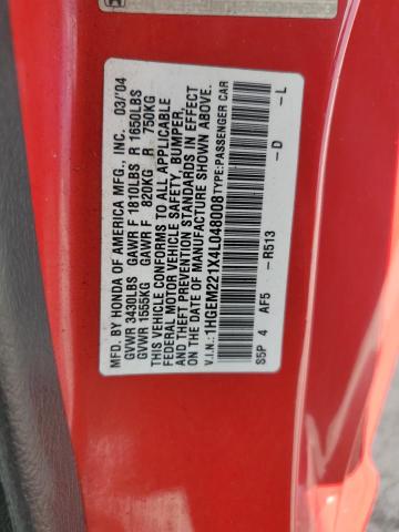 1HGEM221X4L048008 - 2004 HONDA CIVIC DX VP RED photo 12