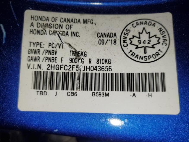 2HGFC2F52JH043656 - 2018 HONDA CIVIC LX ლურჯი ფოტო 12