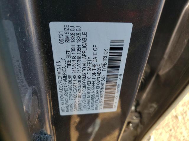 5FPYK3F57MB016423 - 2021 HONDA RIDGELINE RTL GRAY photo 13